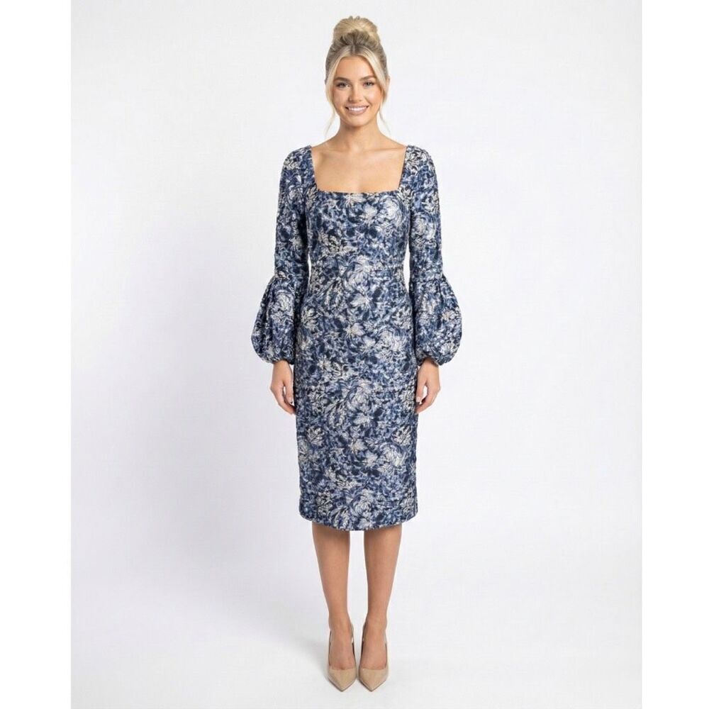 NWT Theia Brocade Dress 4 Navy Square Puff Sleeve Midi Wedding Guest Cocktail - Picture 1 of 9